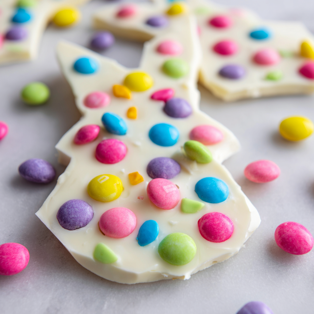 Colorful Easter bunny bark studded with pastel candies and sprinkles, perfect for a festive treat.