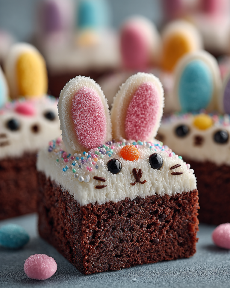 A festive tray of decorated Easter bunny brownies with white frosting and pink ears, ready to be served for a spring celebration.
