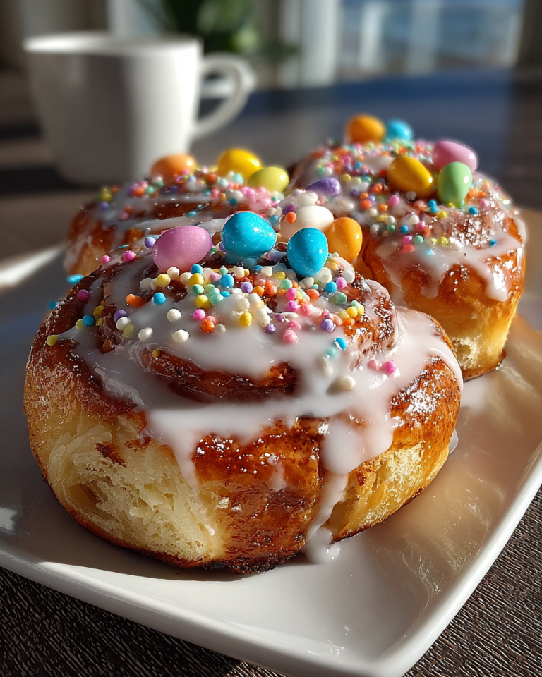 A close-up of a plate of freshly baked Easter bunny cinnamon rolls drizzled with cream cheese frosting.