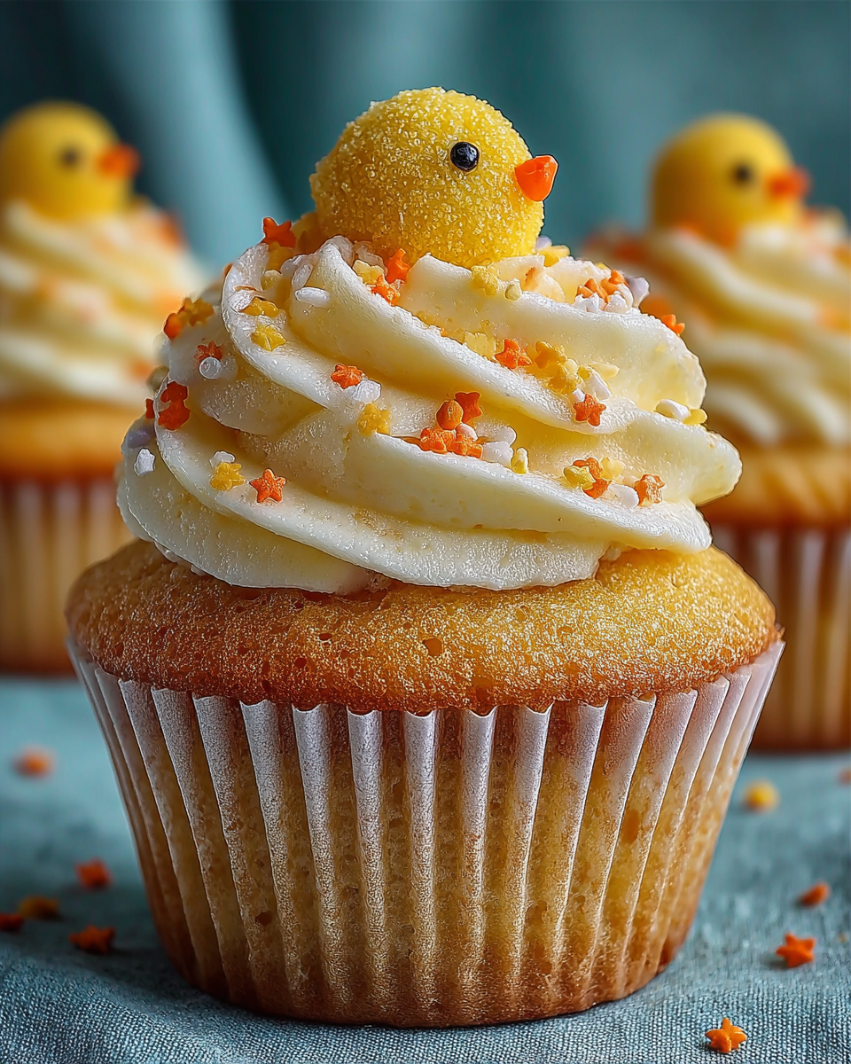Adorable Easter chick cupcakes decorated with yellow frosting, candy eyes, and orange beaks, perfect for a spring celebration.