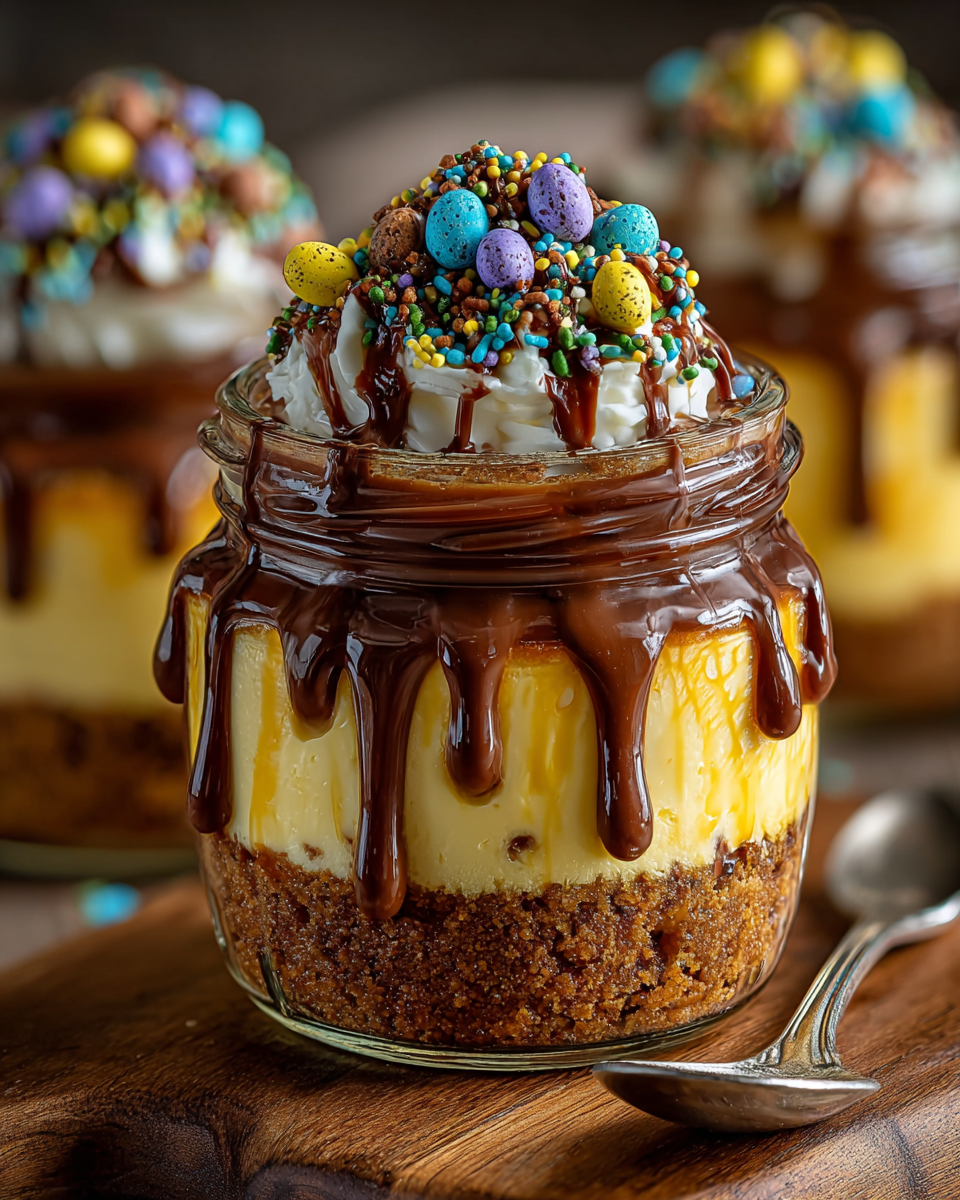 Colorful Easter egg cheesecake jars arranged beautifully on a rustic wooden board, ready to be enjoyed.