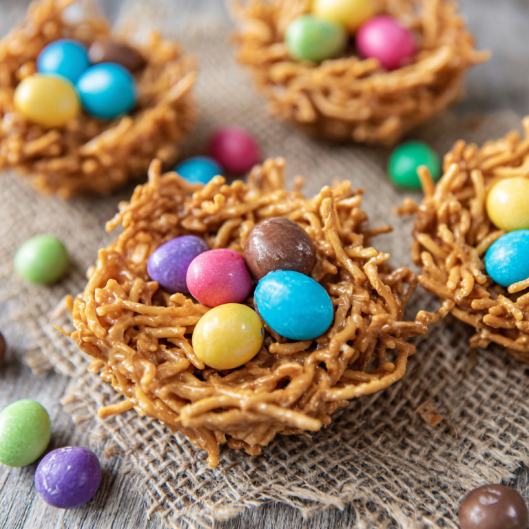 A vibrant plate of finished Easter egg peanut butter haystacks, artfully arranged and ready to be enjoyed.