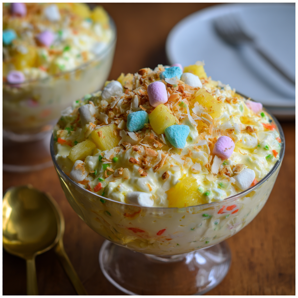 Vibrant pink Easter fluff salad in a glass bowl, topped with pastel mini marshmallows and coconut, ready to serve.