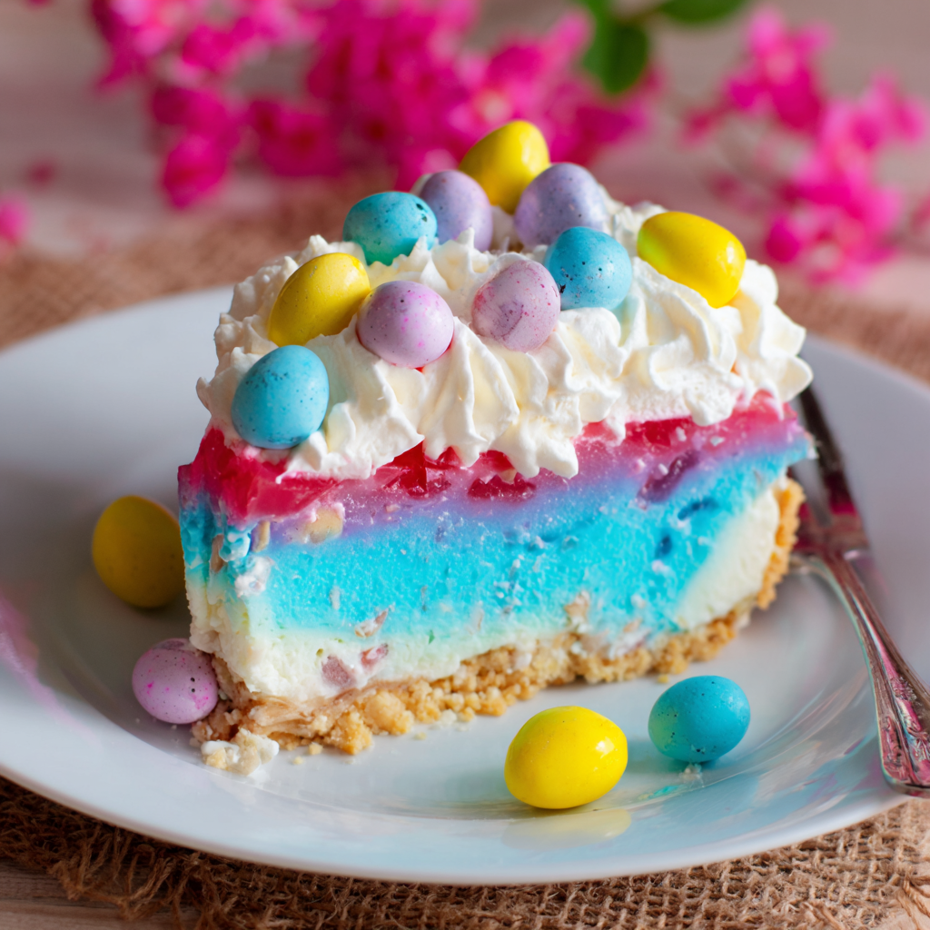 A colorful slice of no-bake Easter Jello cheesecake with a creamy filling and vibrant jello layers, ready to be served.
