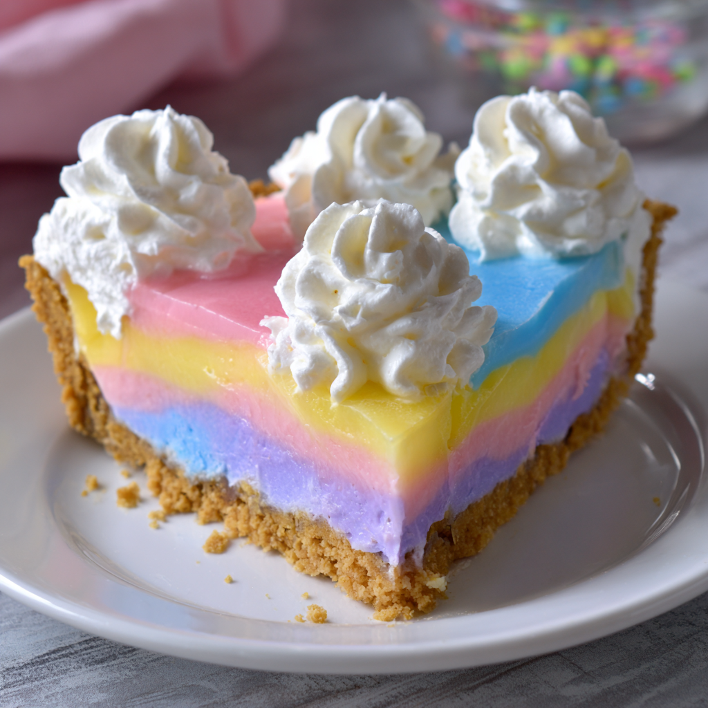 A vibrant, colorful Easter no-bake Jello pie with a whipped cream topping and sprinkles, ready to serve on a festive table.