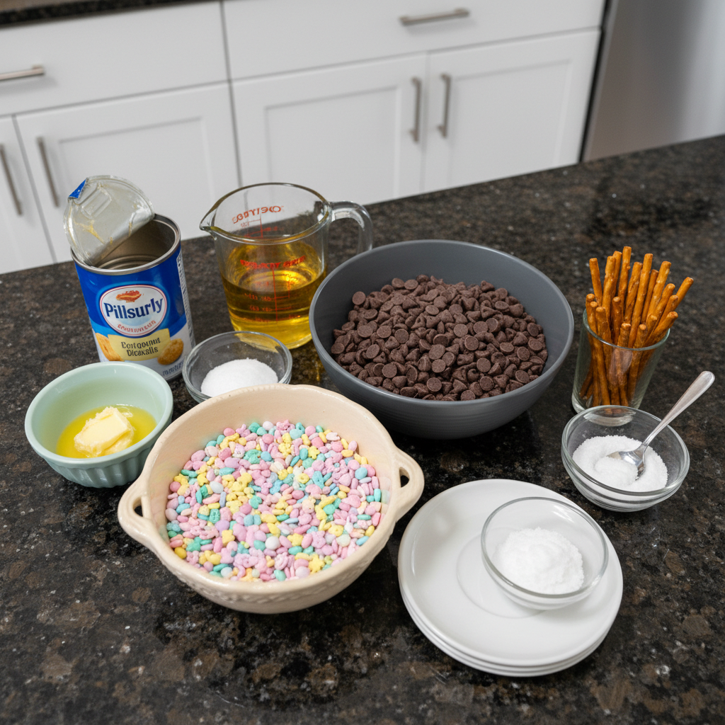 Fresh ingredients neatly arranged for making Easter sprinkle donut holes, including flour, sugar, and colorful sprinkles.