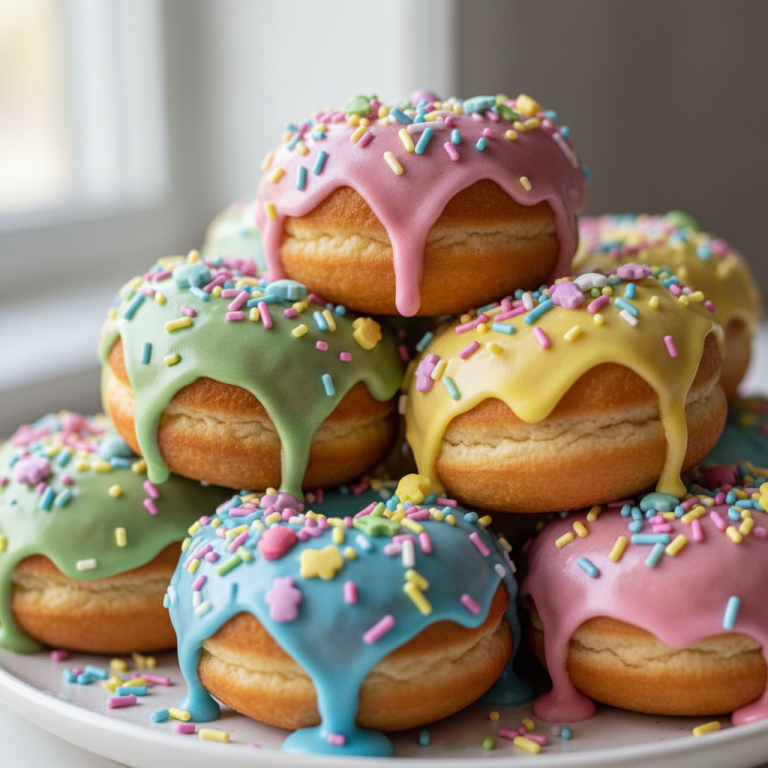 A vibrant plate of fluffy Easter sprinkle donut holes, glazed and colorful, ready to be served.