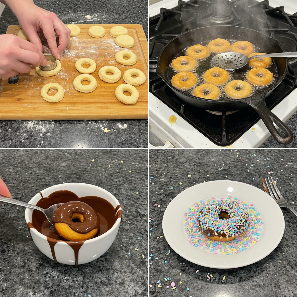 Hands glazing freshly fried Easter sprinkle donut holes with a sweet vanilla icing and showering them with sprinkles.