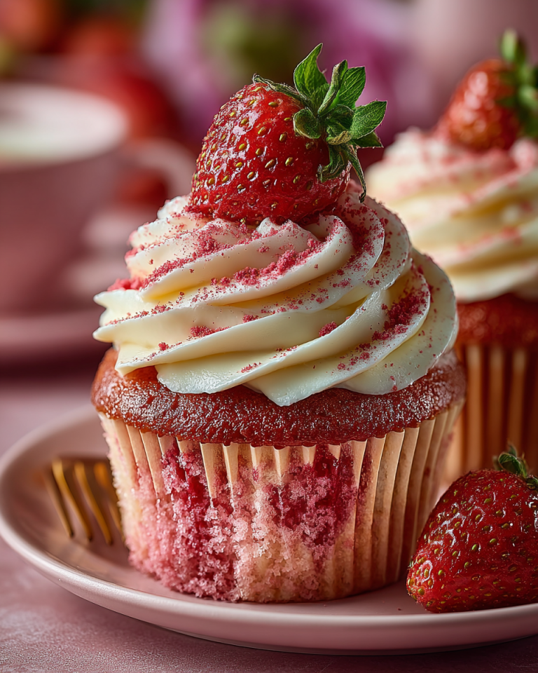 Beautifully decorated Easter strawberry lemonade cupcakes with fluffy pink frosting and a fresh strawberry garnish.