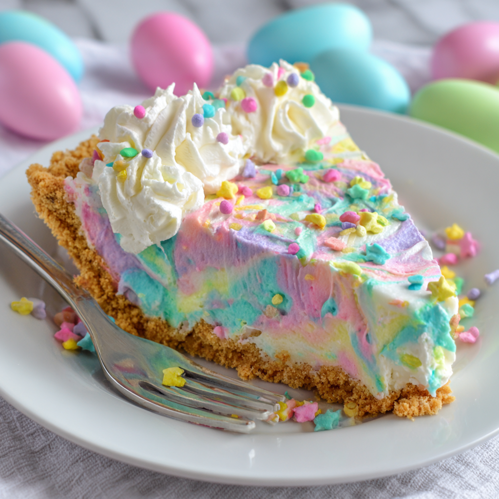 A vibrant no-bake pastel Easter swirl pie with layers of cream cheese filling, garnished with whipped cream and small candy eggs.