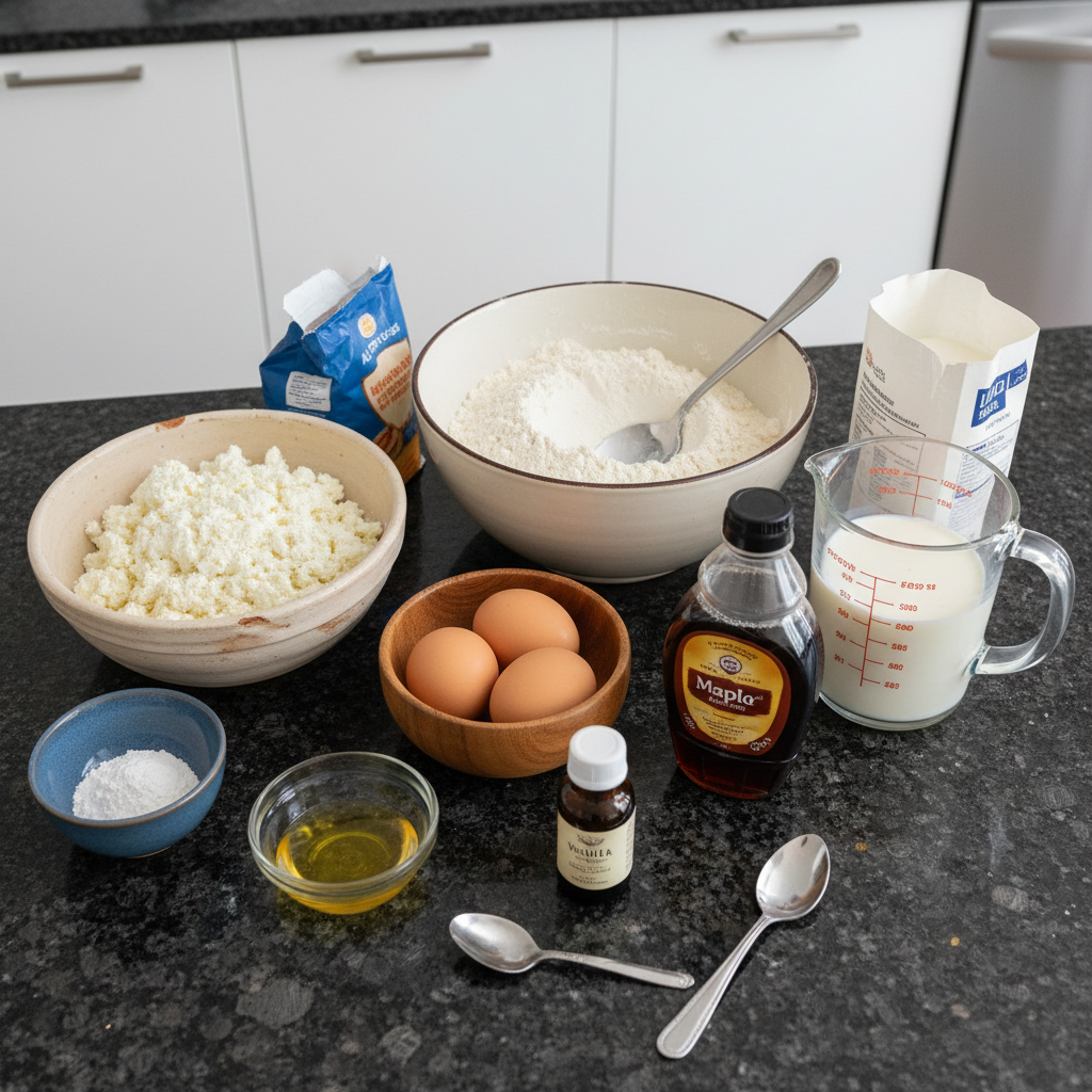 Fresh ingredients for making Easy Cottage Cheese Protein Pancakes, including cottage cheese, eggs, and flour.