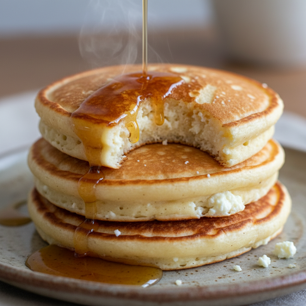 A stack of fluffy Easy Cottage Cheese Protein Pancakes drizzled with syrup and topped with fresh berries.
