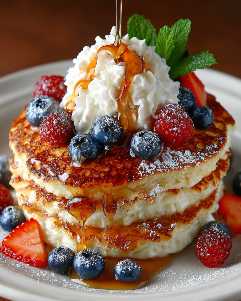 A stack of golden, fluffy easy cottage cheese protein pancakes drizzled with maple syrup and fresh berries on top.