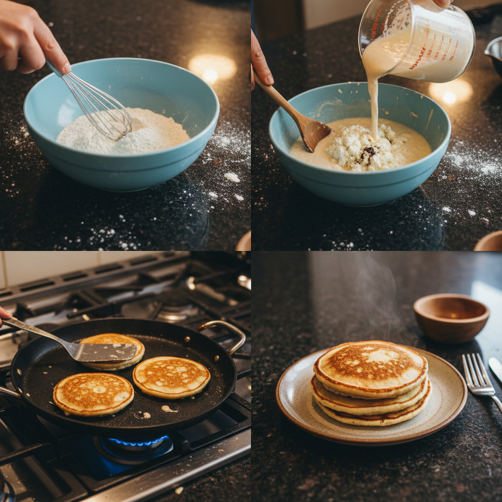 Mixing the batter for Easy Cottage Cheese Protein Pancakes in a bowl before cooking on a griddle.