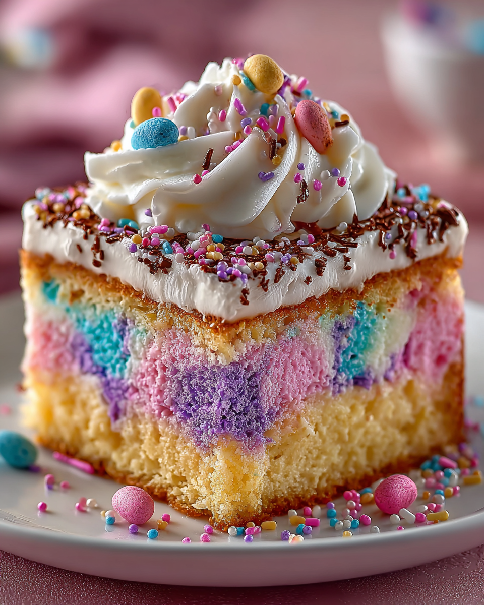 A beautifully decorated Easy Easter poke cake with pastel colors and whipped topping, ready to serve.