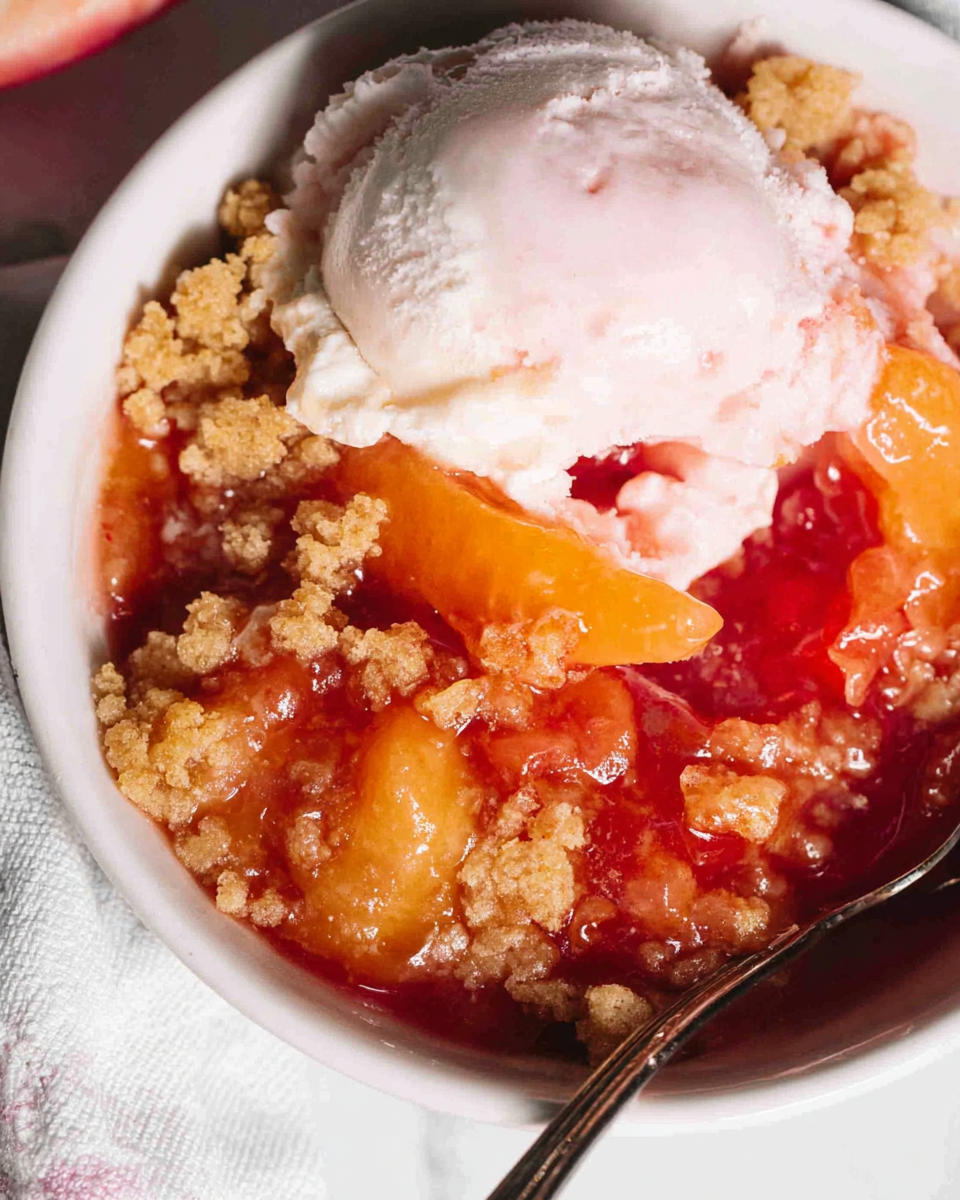 A golden-brown Easy Rhubarb Crisp baked in a ceramic dish, with a scoop removed, ready to serve.