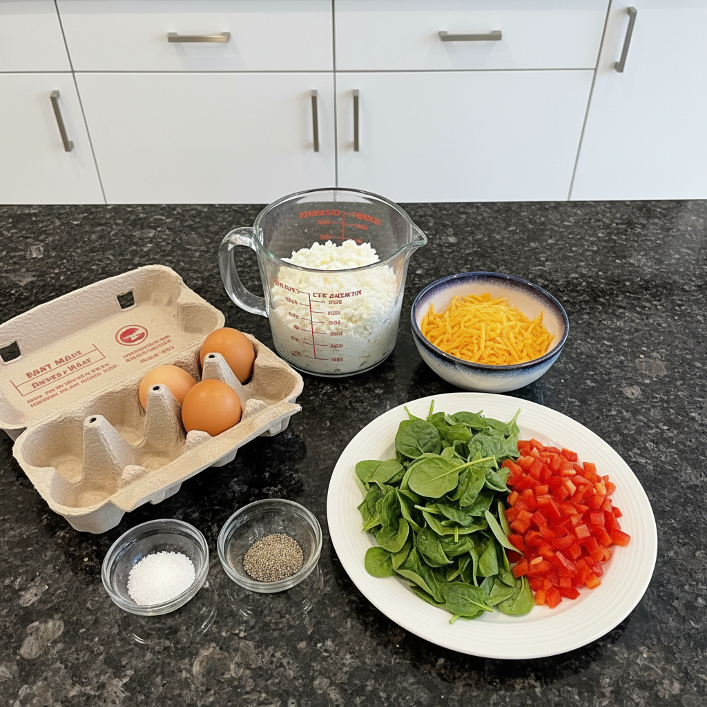 Fresh ingredients laid out for egg bites with cottage cheese, including eggs, cheese, and vegetables on a cutting board.
