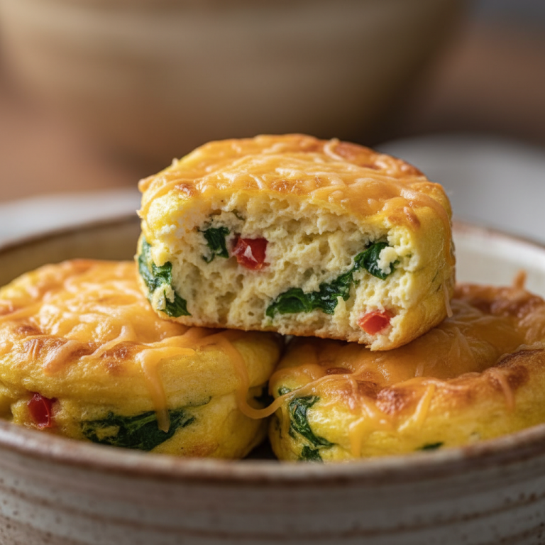 Fluffy egg bites with cottage cheese, golden brown and garnished with fresh chives, ready to eat for a healthy breakfast.