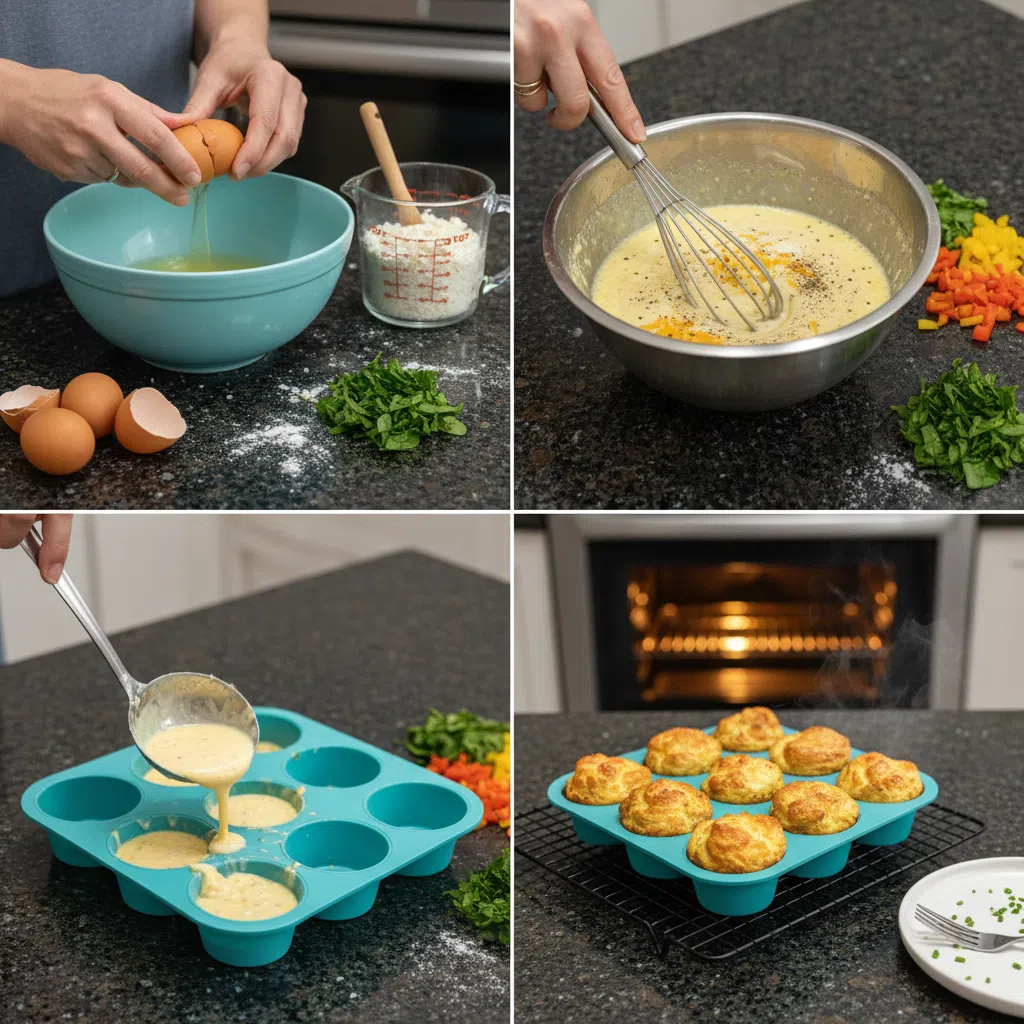 A whisk mixing eggs and cottage cheese in a bowl, a key step for making fluffy egg bites.