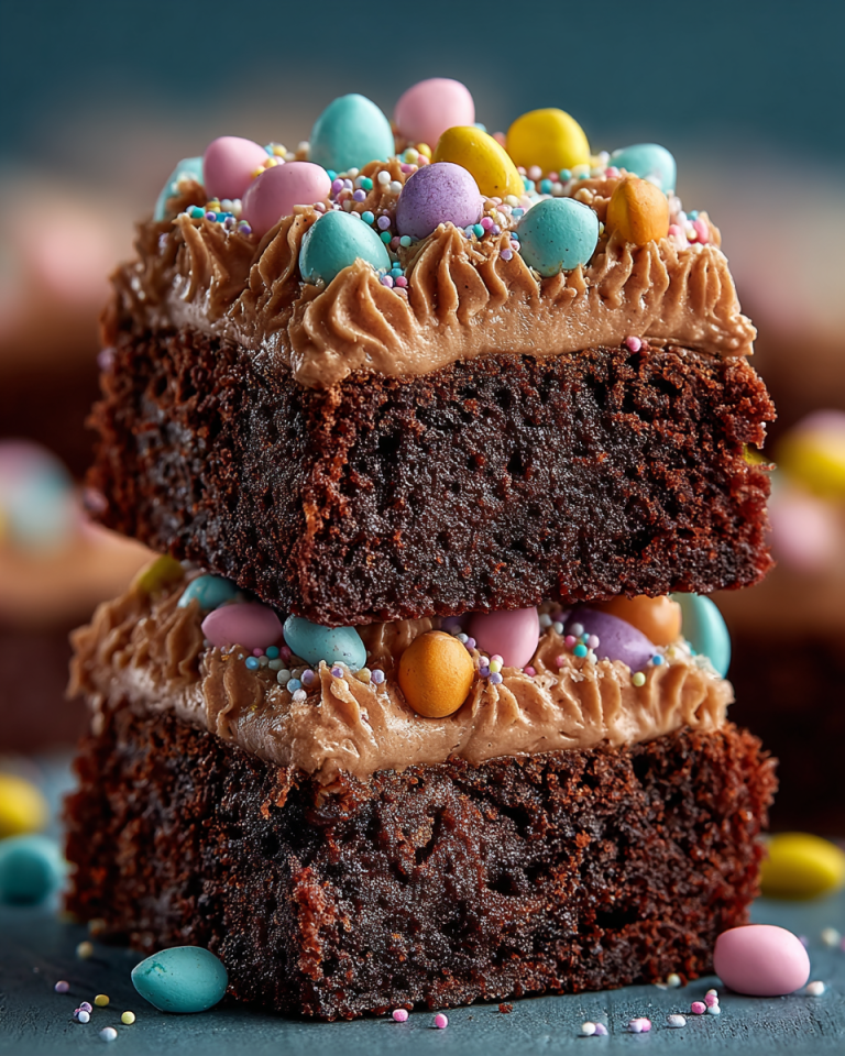 Delicious Frosted Easter brownies decorated with pastel sprinkles, ready for a festive celebration.