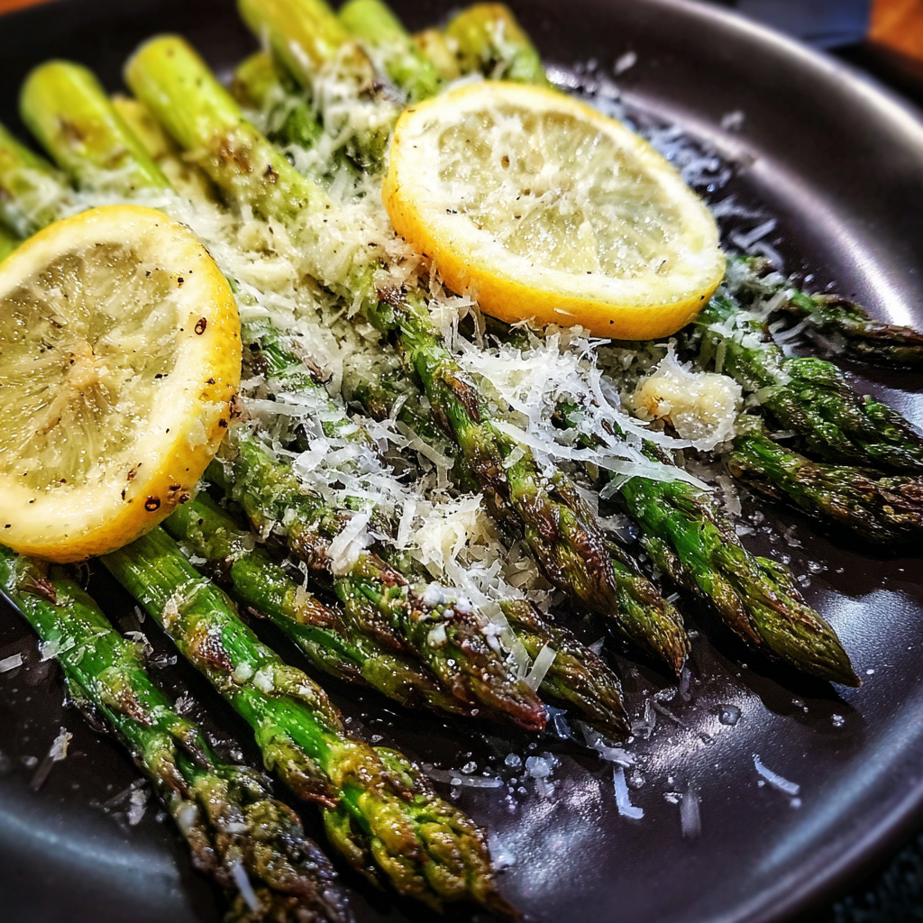 A vibrant plate of grilled asparagus with lemon & parmesan, perfectly charred and garnished with fresh lemon zest.