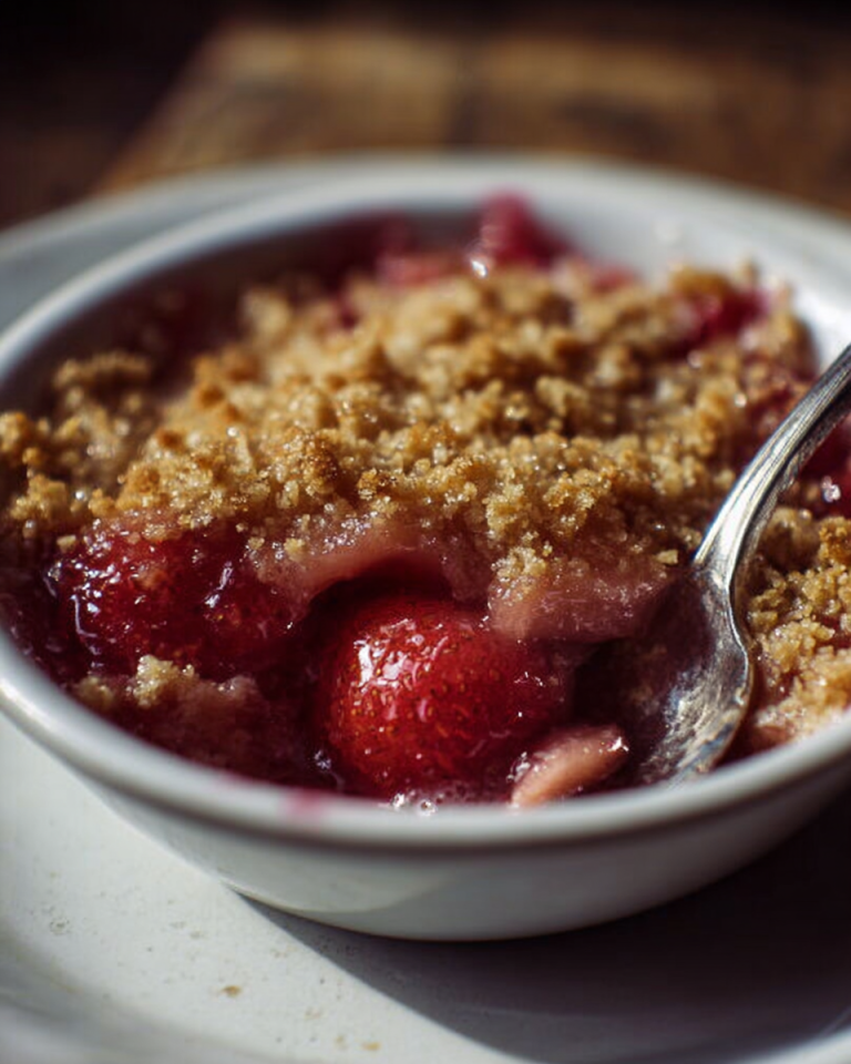 A delicious Hairy Bikers Rhubarb Crumble, golden brown and bubbling, served warm with a dollop of cream.