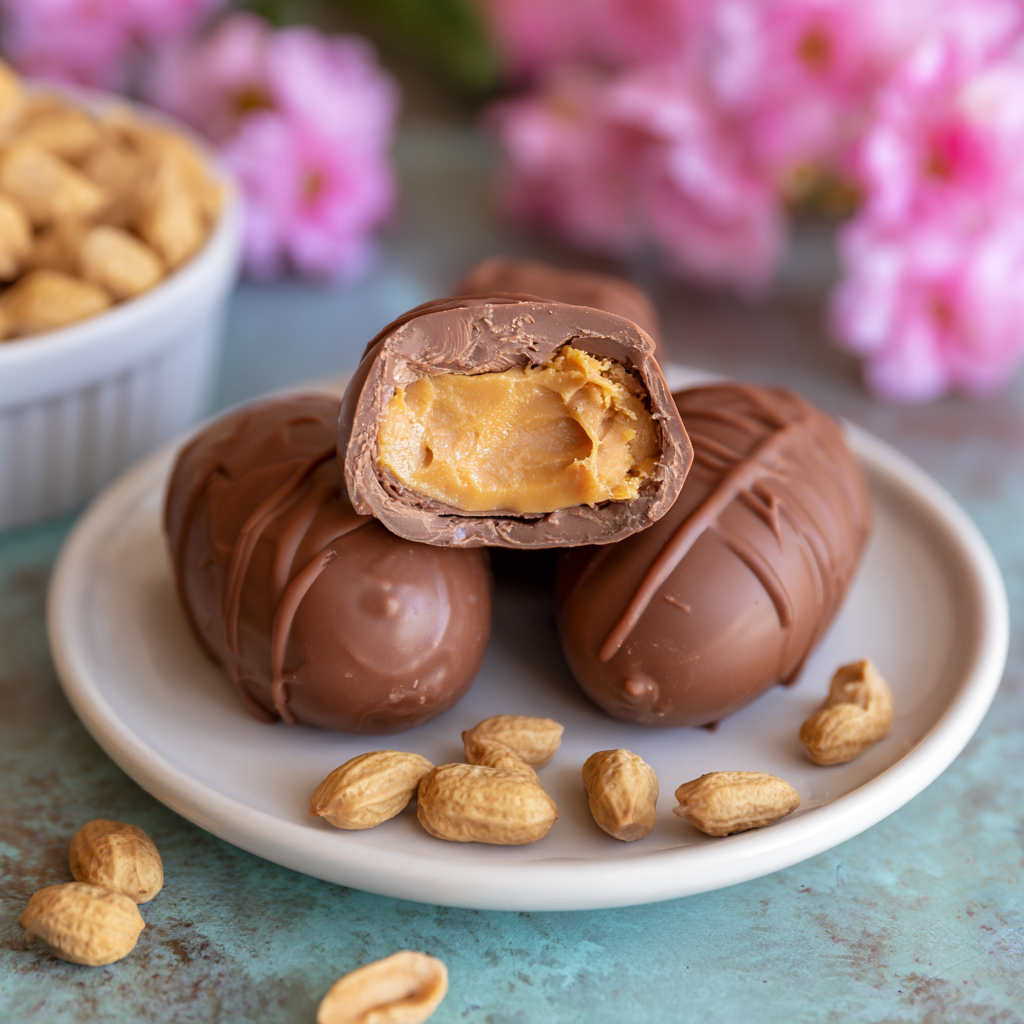 Beautifully crafted homemade peanut butter Easter eggs, drizzled with chocolate, presented on a festive plate.