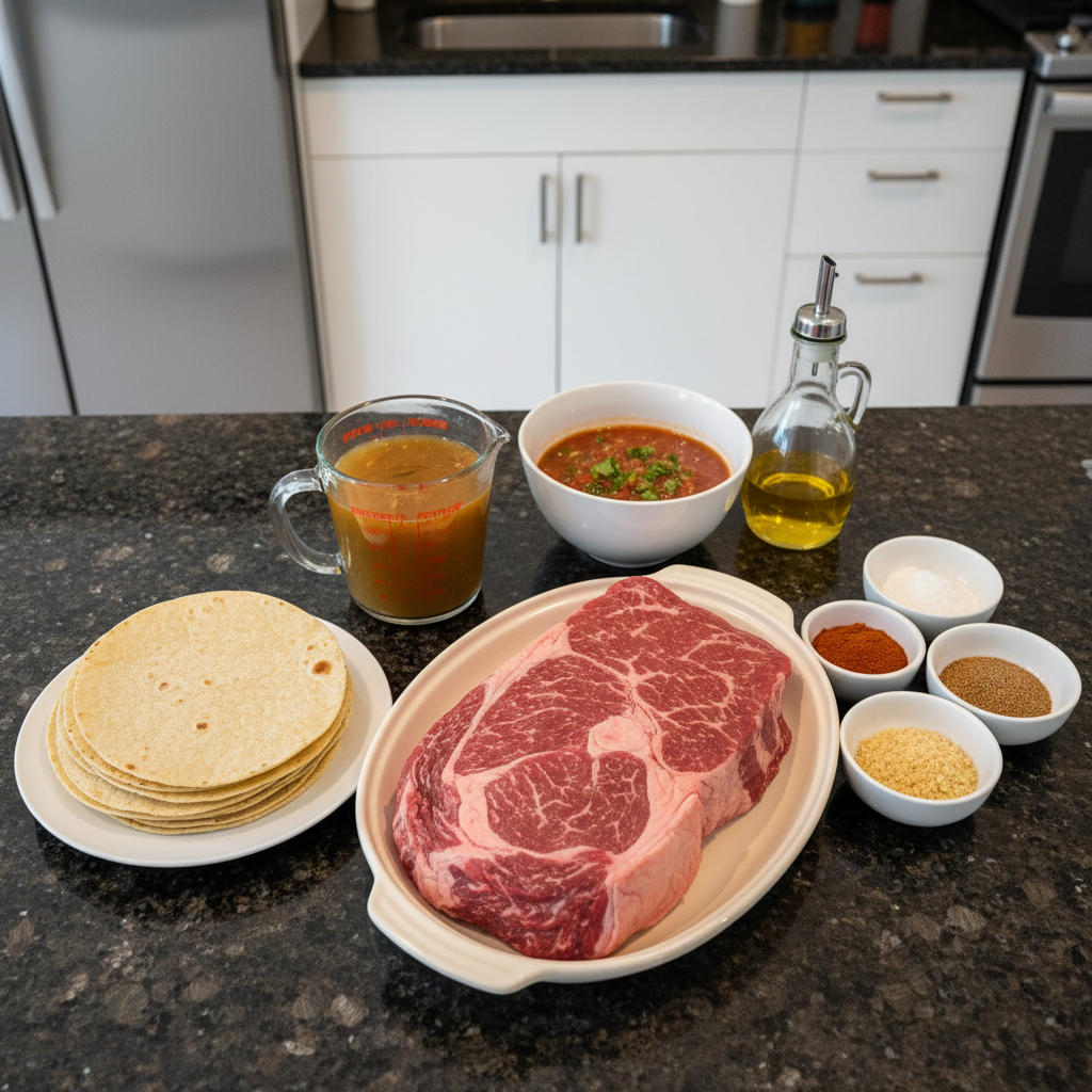 Fresh ingredients for homemade taquitos laid out on a wooden board, including tortillas, seasoned meat, and toppings.