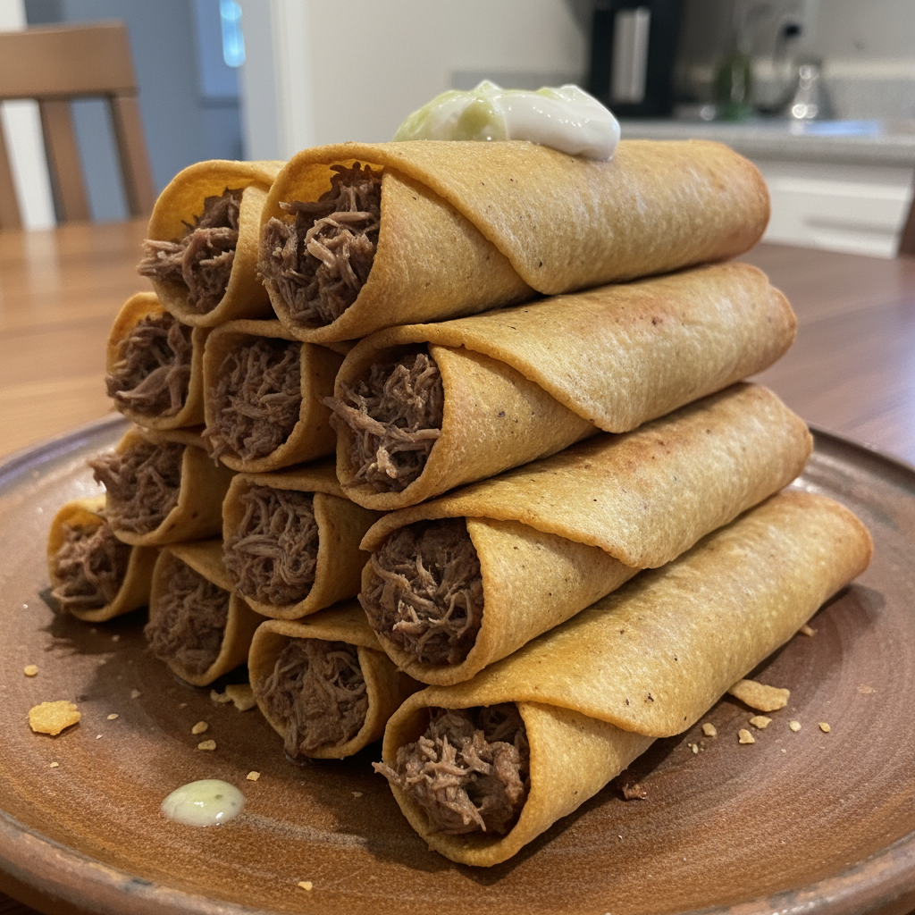 Crispy golden brown homemade taquitos piled high on a plate with fresh salsa and creamy guacamole.