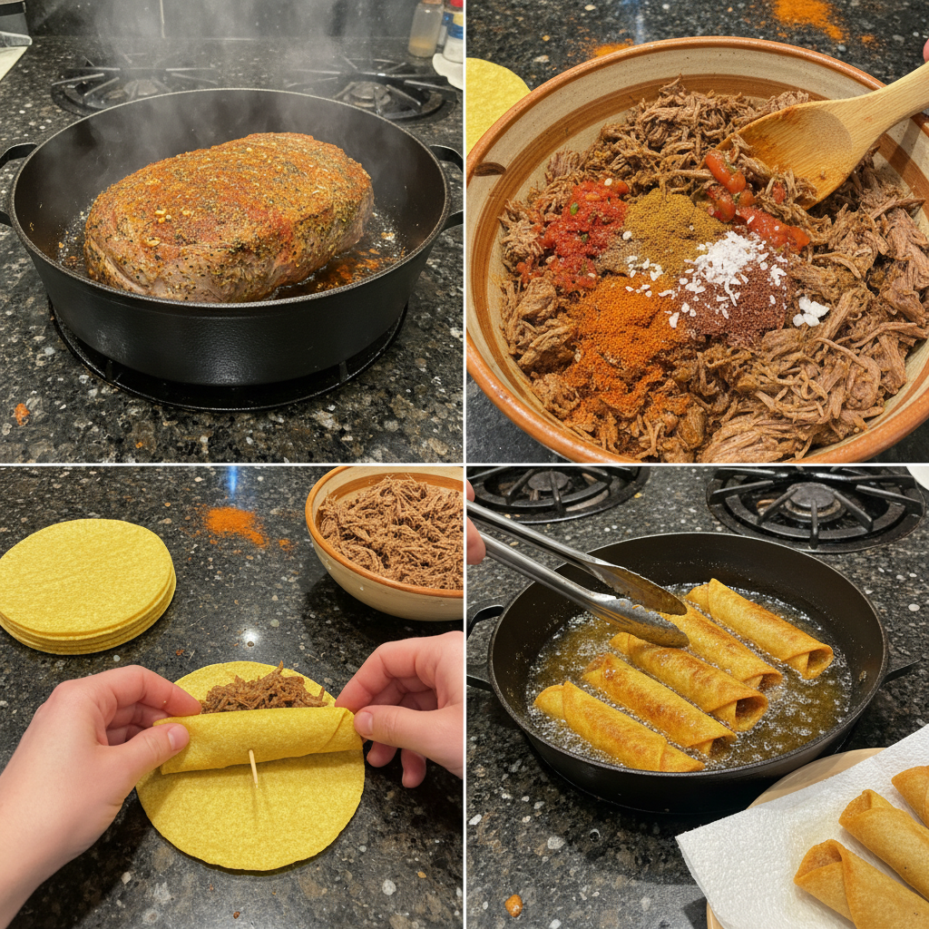 Hands rolling corn tortillas filled with seasoned meat, preparing them for frying to make homemade taquitos.