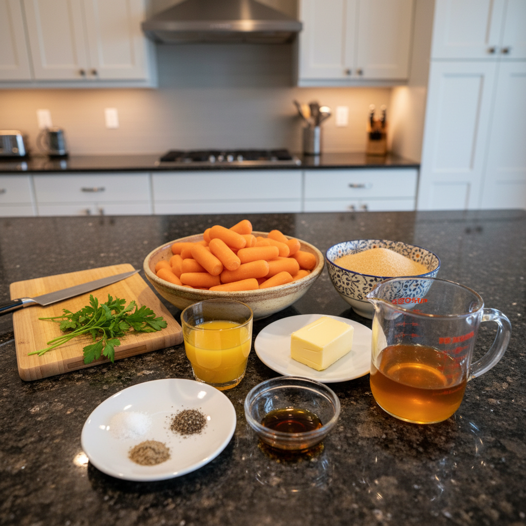 Fresh, colorful ingredients for Honey Glazed Carrots arranged on a wooden board, including whole carrots, honey, and butter.