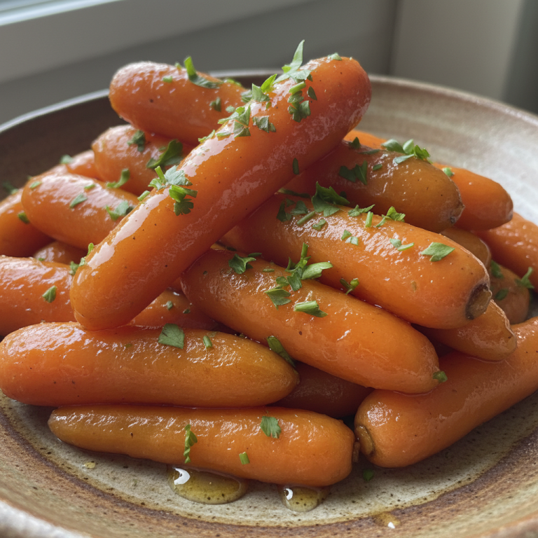 A vibrant orange dish of freshly cooked Honey Glazed Carrots, glistening with a sweet amber sauce in a white bowl.
