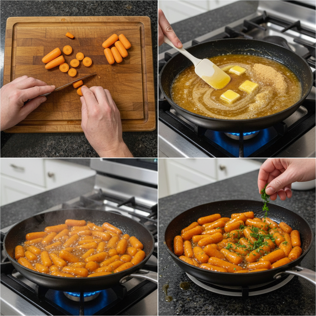 Hands stirring vibrant orange carrots in a skillet with a sticky honey glaze, demonstrating a key step for Honey Glazed Carrots.