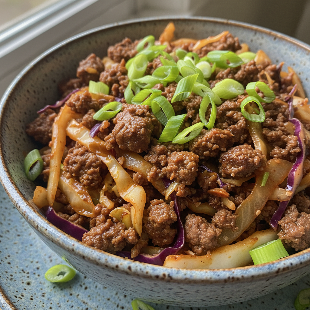 A vibrant and hearty Keto Egg Roll in a Bowl, garnished with fresh green onions and sesame seeds.