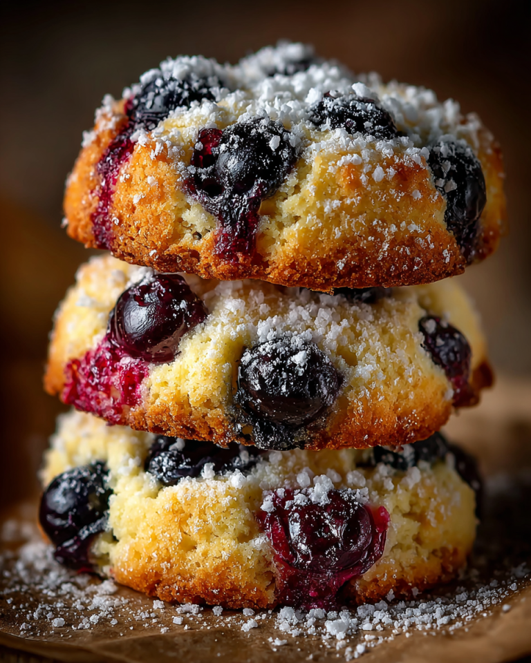 A close-up of soft, golden Lemon Blueberry Cookies with glistening lemon glaze, perfect for a sweet treat.
