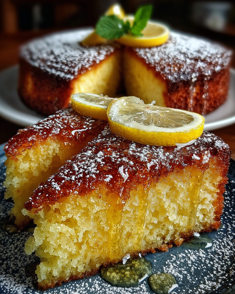 A beautifully golden Lemon Olive Oil Cake, drizzled with glaze and garnished with fresh lemon slices, ready to be served.