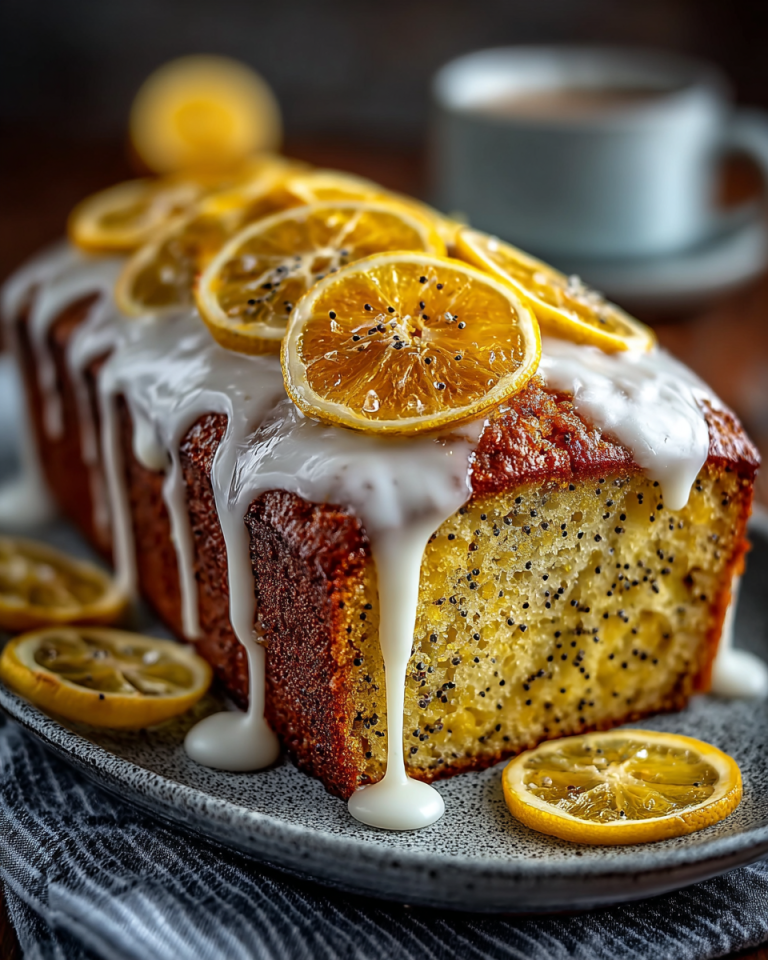 A golden-baked slice of Lemon Poppy Seed Bread, drizzled with sweet lemon glaze, ready to be enjoyed.