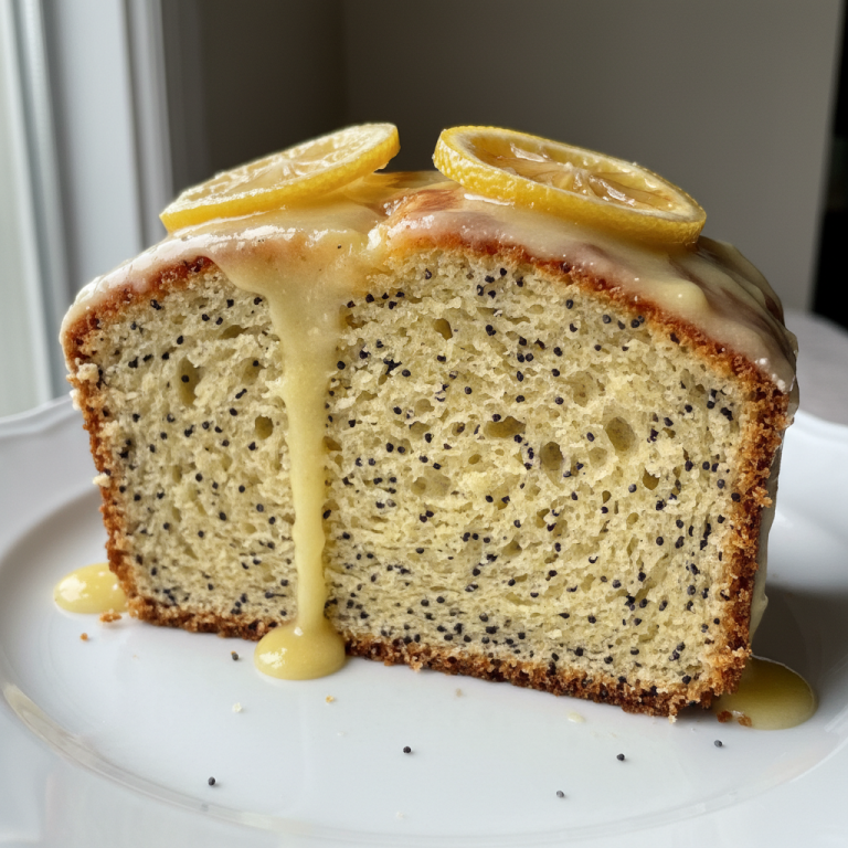 Slices of golden Lemon Poppy Seed Bread, drizzled with a bright white glaze and garnished with fresh lemon zest, on a rustic plate.