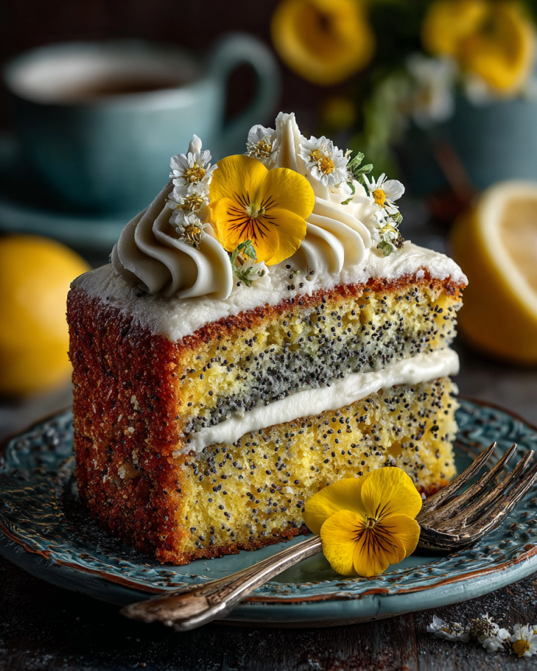 A beautiful slice of moist lemon poppy seed cake with a delicate glaze, ready to be enjoyed.