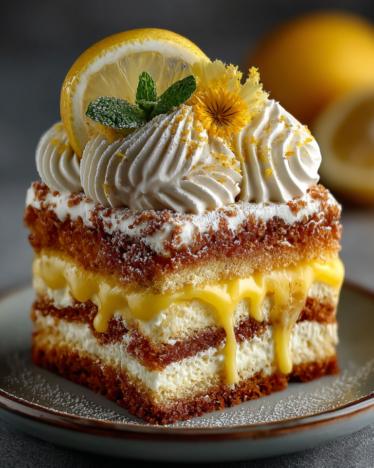 A beautiful slice of creamy lemon tiramisu garnished with fresh lemon zest, ready to be enjoyed.
