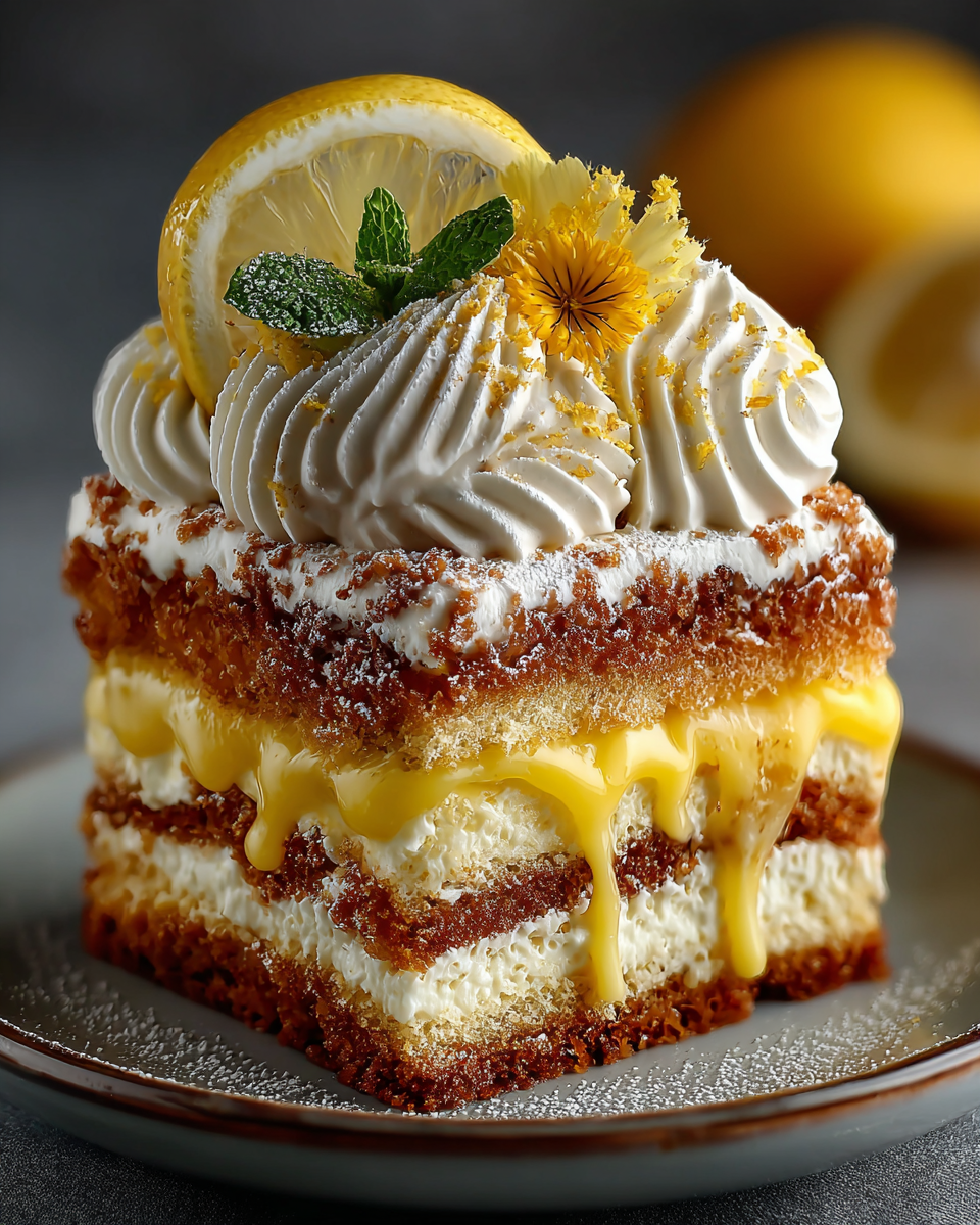 A beautiful slice of creamy lemon tiramisu garnished with fresh lemon zest, ready to be enjoyed.