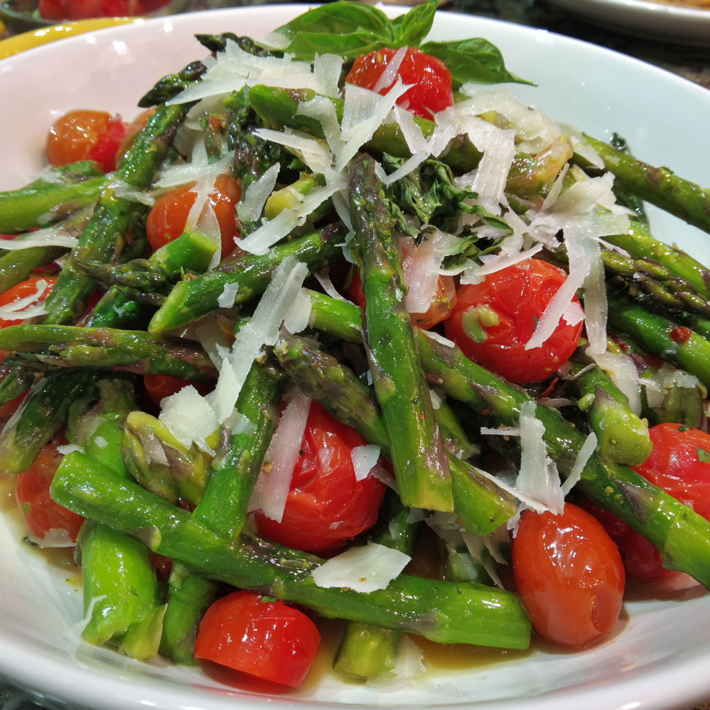 A vibrant bowl of fresh lemony asparagus salad, garnished with parsley and lemon wedges.
