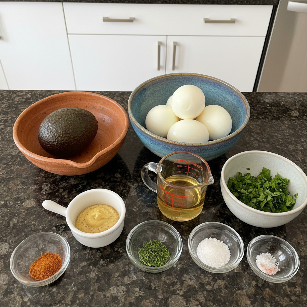 Fresh ingredients for a Mayo-Free Avocado Egg Salad, including ripe avocados, hard-boiled eggs, red onion, and herbs, arranged on a counter.