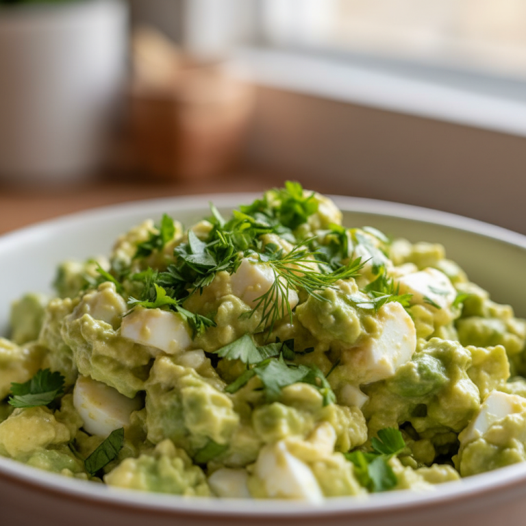 A vibrant bowl of creamy Mayo-Free Avocado Egg Salad, garnished with fresh dill, ready to be served.