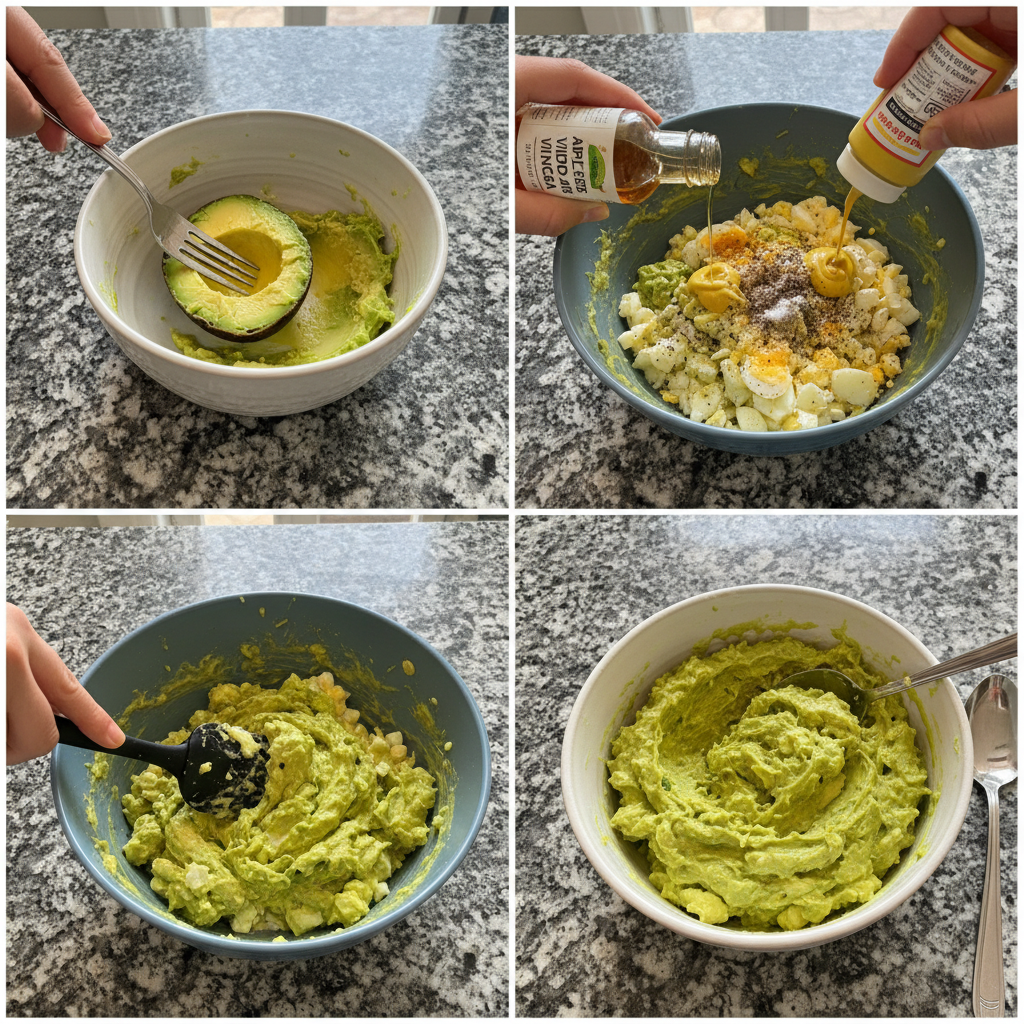 Hands mashing ripe avocado and chopped hard-boiled eggs in a bowl, preparing the Mayo-Free Avocado Egg Salad base.