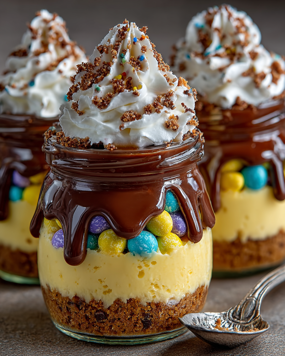 Beautifully arranged individual Mini Easter cheesecake jars, garnished with colorful candies and ready to be enjoyed.