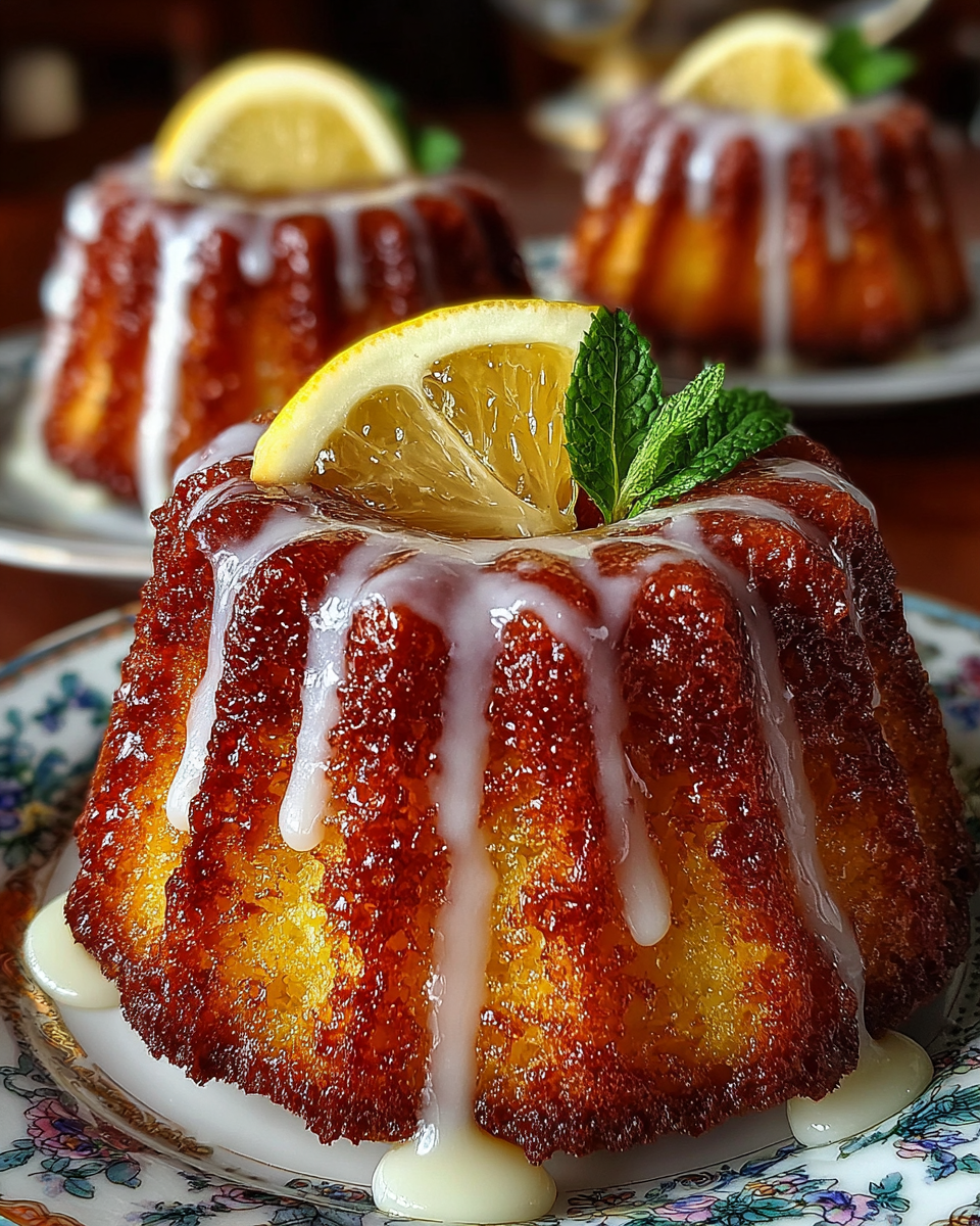 A plate of perfectly golden mini lemon cakes, drizzled with a sweet glaze and garnished with zest.