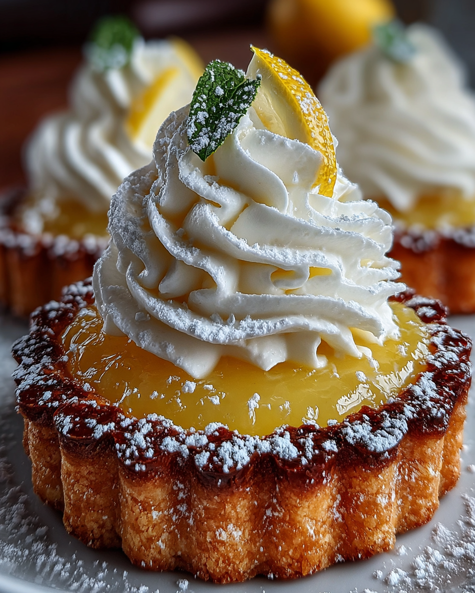 A tray of golden-brown mini lemon tarts with a glossy, vibrant yellow filling, garnished with fresh mint.