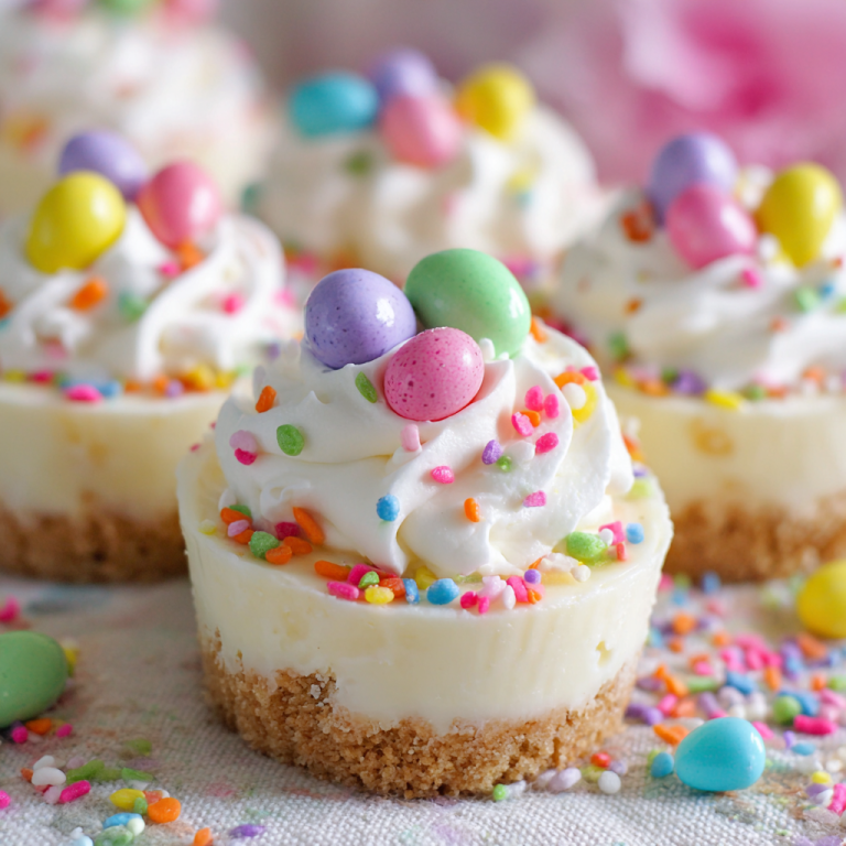 A vibrant display of festive No-bake mini Easter cheesecakes, perfectly portioned and topped with colorful candy eggs.