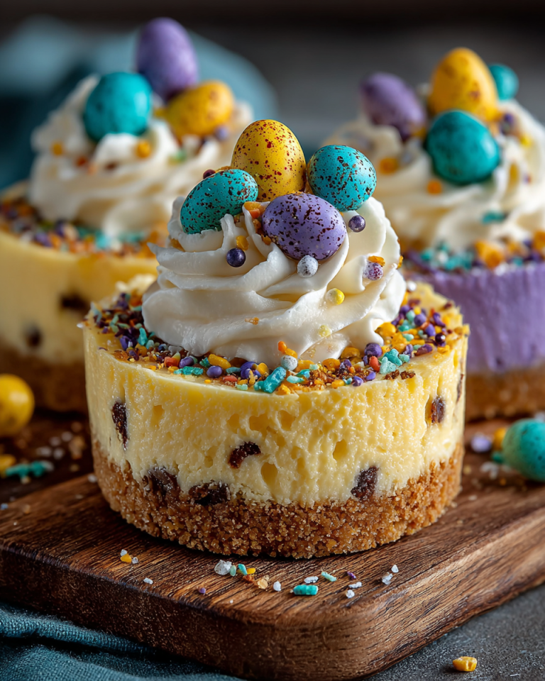 A vibrant platter of no-bake mini Easter cheesecakes, each topped with a delicate pastel candy egg, ready for springtime celebrations.